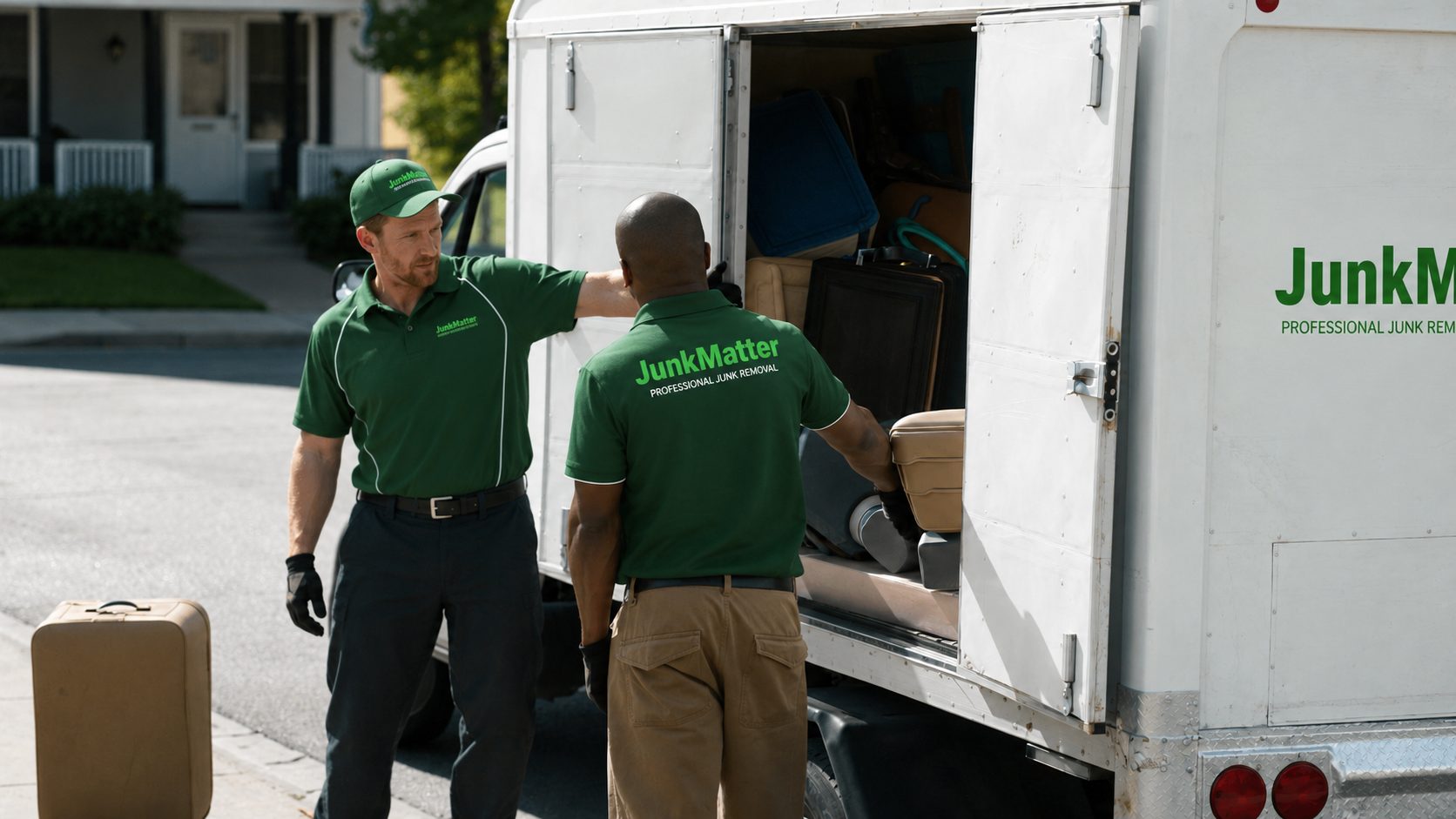 JunkMatter crew members loading furniture into a branded JunkMatter truck on a residential street