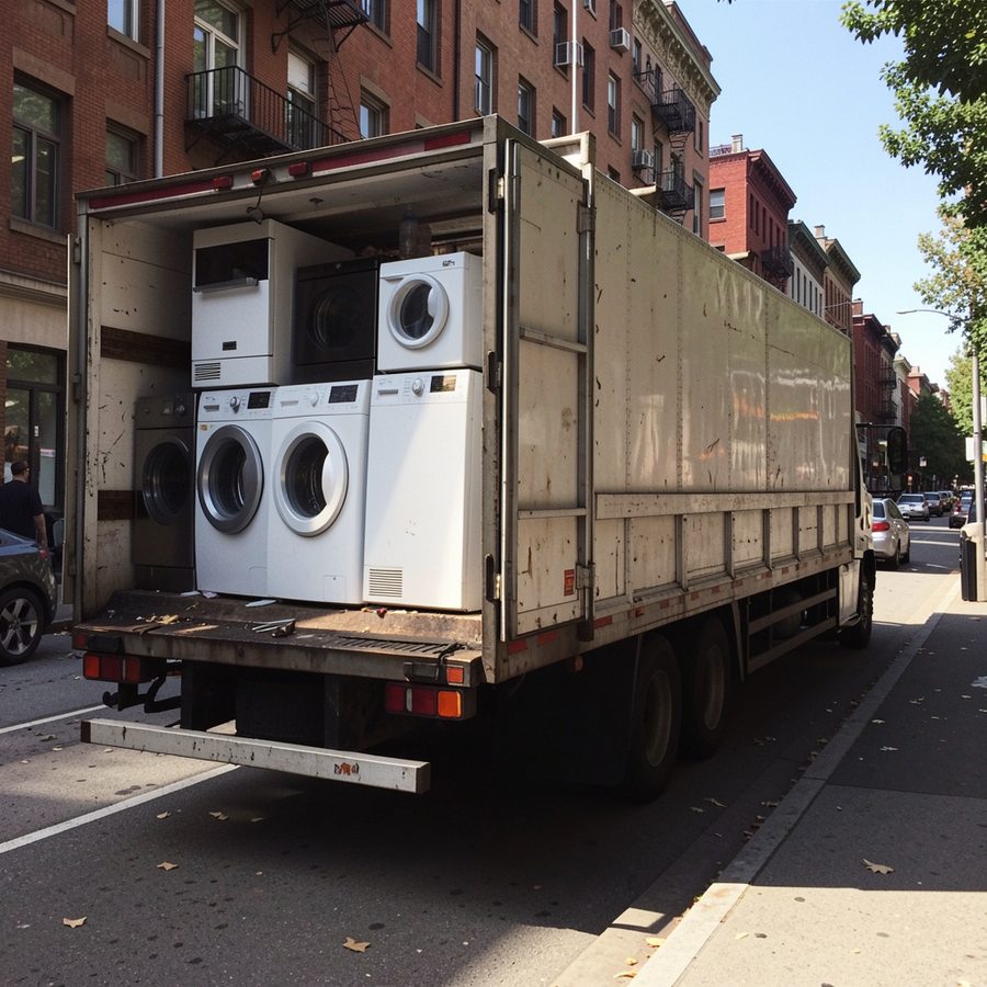 Washing machines and dryers loaded into the back of a box truck on a city street