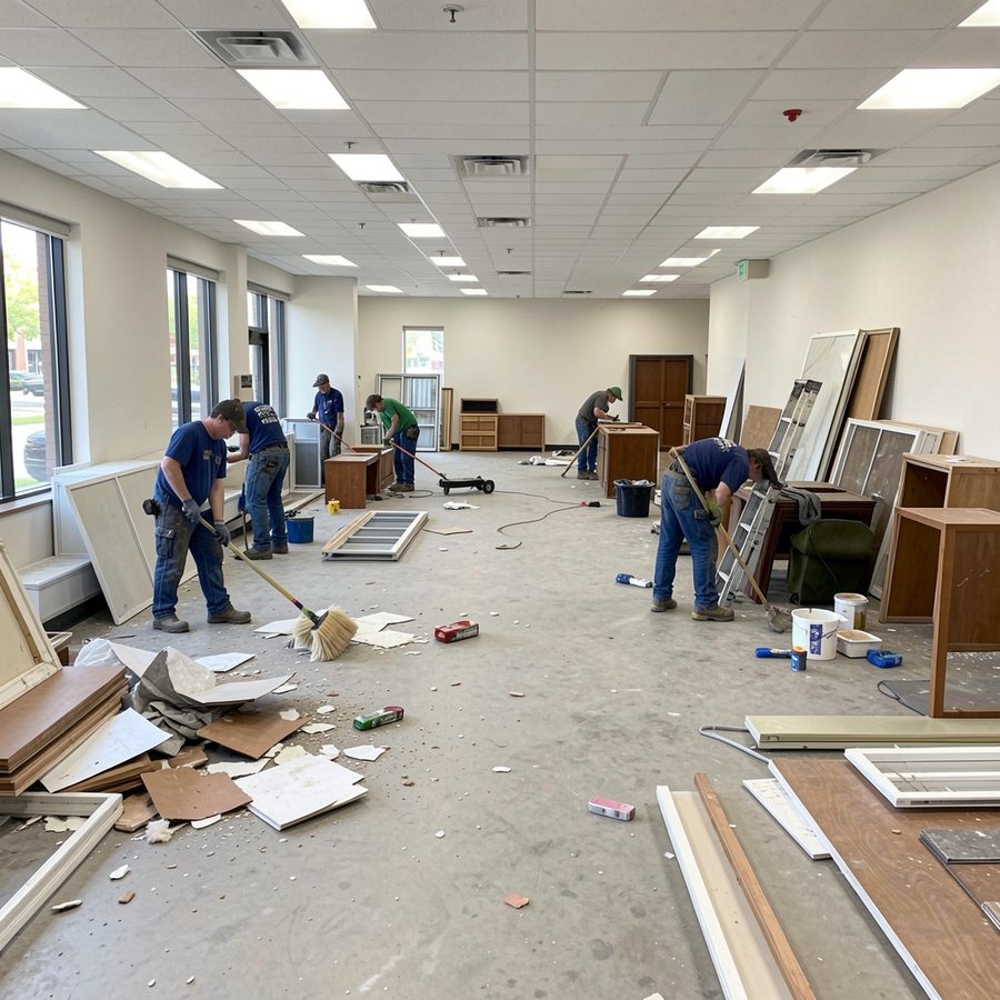 Crew sweeping debris and removing cabinetry from an empty commercial unit
